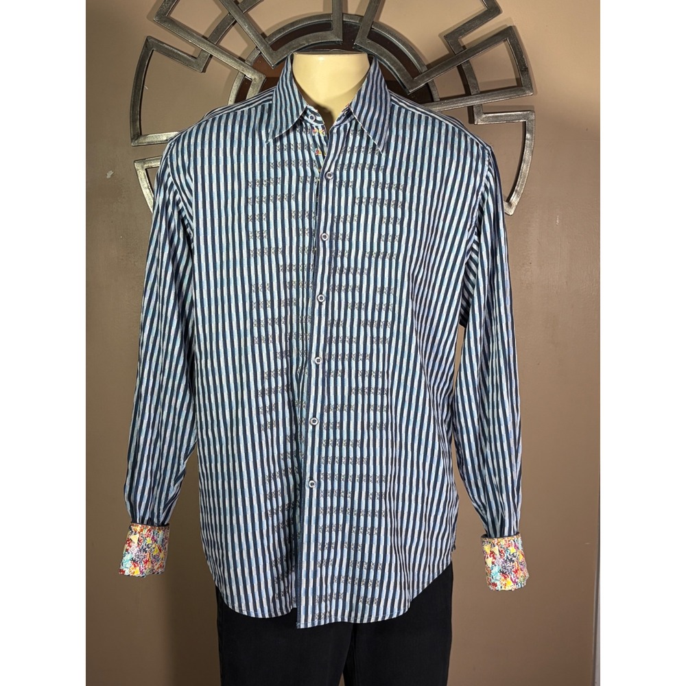 Robert Graham Mens XLT Blue White Striped Button Down Shirt Floral Cuffs Tall